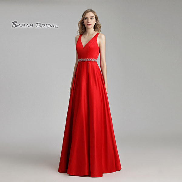 Cheap Modest Simple Red A-Line Satin Crystals Prom Dress Floor Length Beaded Sleeveless Evening Party Gowns LX491