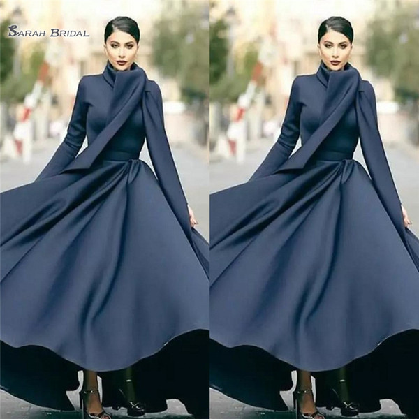 Simple A-line Prom Dresses High Neck Long Sleeve Ruched Abric Dubai Formal Gown Satin Evening Maxi Dress