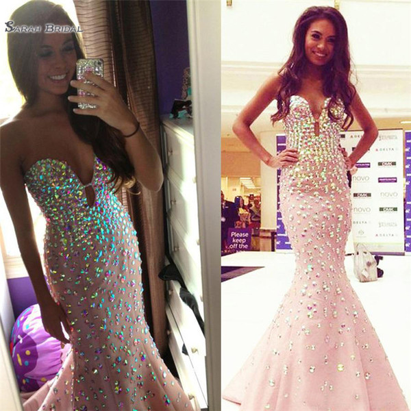 Luxury Pink Satin Mermaid Prom Party Dress With Rhinestones Sparkly Evening Gowns Vestidos Largos De Fiesta Mujer