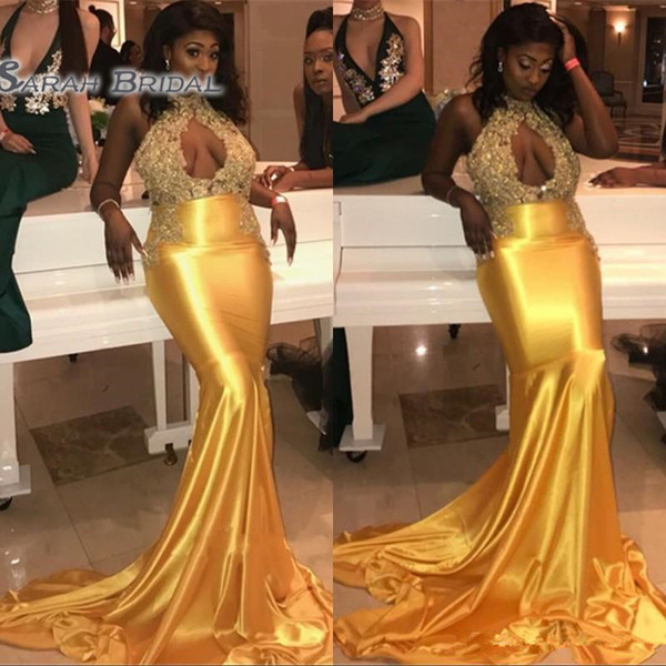 Glamorous Keyhole Mermaid High Neck Lace Prom Party Dresses Beads Yellow Formal Gowns Evening Wear Plus Size