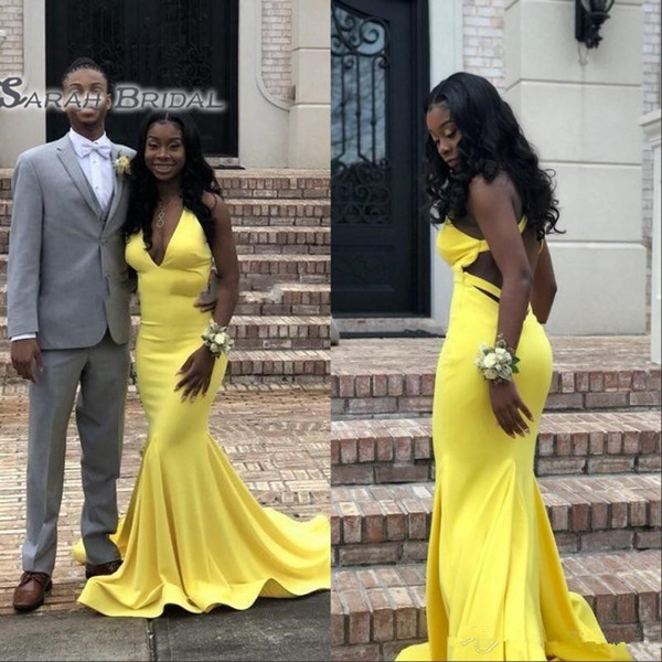 Deep V Neck Sexy Prom Dress Mermaid Yellow Formal for Black Girls Open Back Evening Graduation Gowns Long Plus Sizes South African