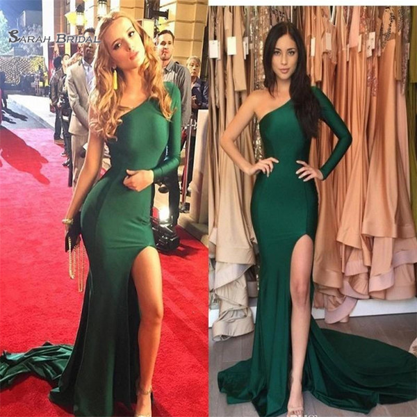 Mermaid Evening Dresses Long Sleeves One Shoulder High Split Maxi Dress Long Party Celebrity Gowns