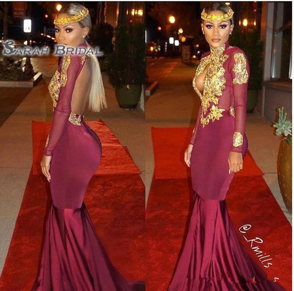 New High Neck Wine Prom Dresses Burgundy Mermaid Long Sleeve Satin Lace Appliques Beaded Court Train Backless Evening Dresses BA4987