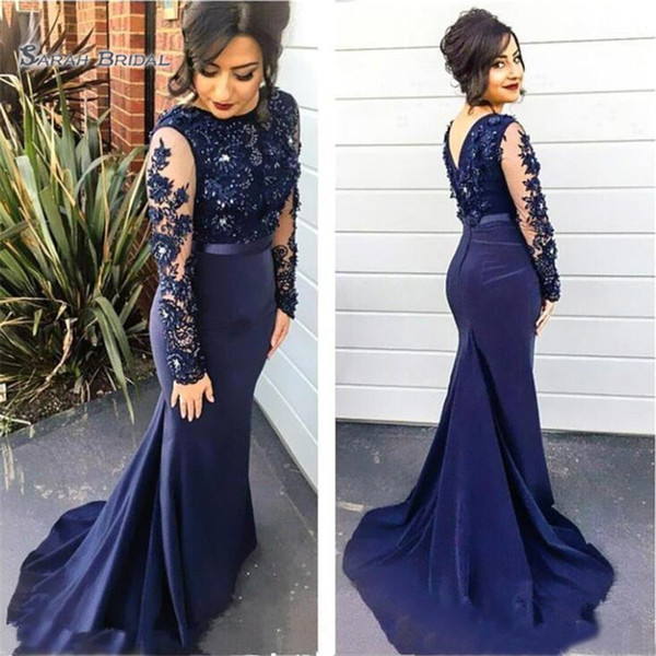 Dark Navy Mermaid Evening Dresses Long Sleeves With Lace Appliques Prom Dresses Celebrity Formal Dress