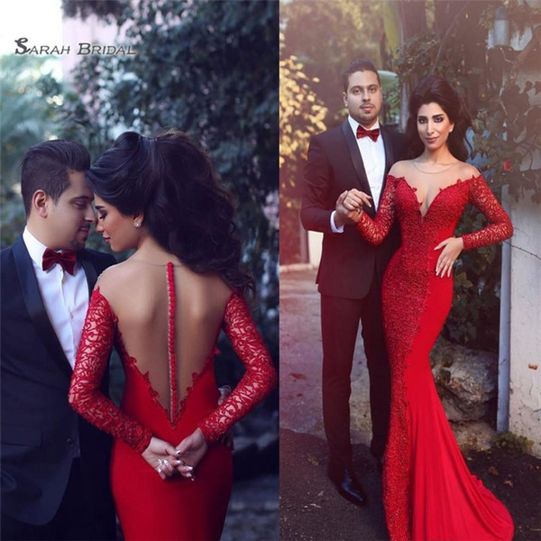 Red Mermaid Evening Dresses Sheer Jewel Lace Applique Long Sleeves Prom Formal Dress Pageant Gown