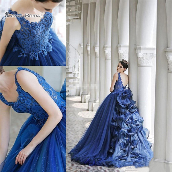 New Ball Gown Quinceanera Dresses Backless V Neck Lace Ruffle Evening Dresses Prom Party Gowns Formal Evening Gown