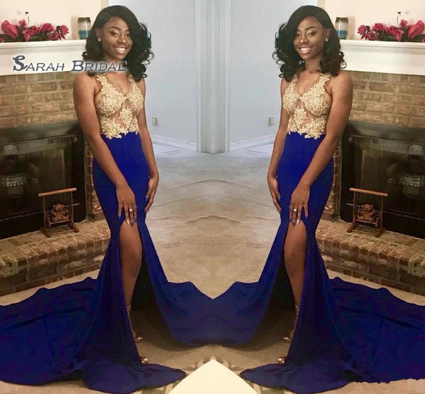 2k19 African Girls Royal Blue With Gold Applique Mermaid Prom Dresses Split Evening Gowns With See Through Top Vestidos V Neck