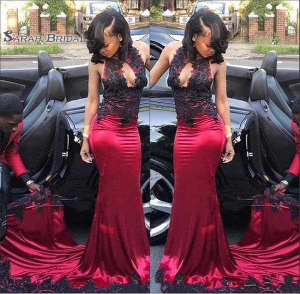 Elegant Halter Satin Mermaid Long Prom Dresses Lace Appliques Sweep Train Arabic Dubai Party Dresses Long Formal Evening Party Gowns