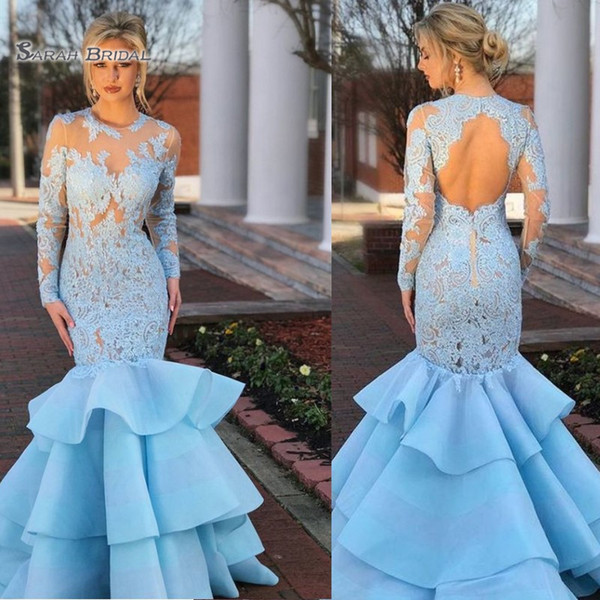 Sexy Blue Mermaid Ruffles Celebrity Evening Gown Long Sleeves Lace Prom Dresses Customized Formal Dress