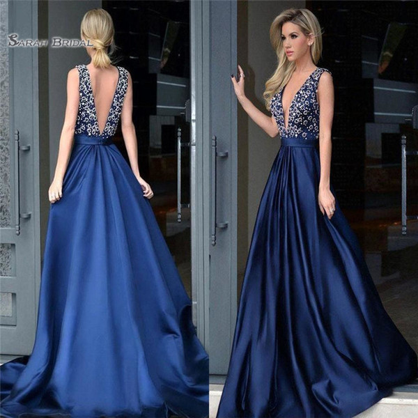 Dark Navy A Line Satin Prom Dresses Plunging V Neck Sleeveless Backless Appliques Formal Evening Gowns Pageant Wear