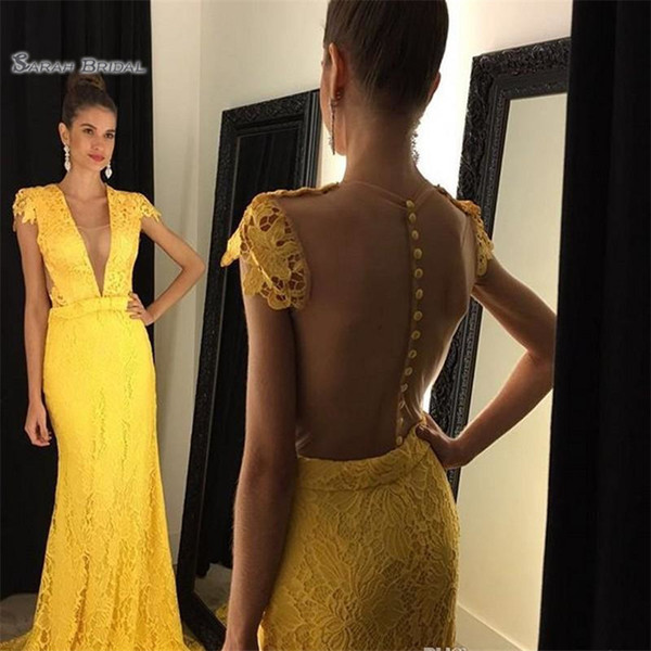 Yellow Full Lace Prom Dresses Illusion Deep V Neck Covered Buttons Evening Gowns Formal Party Dresses