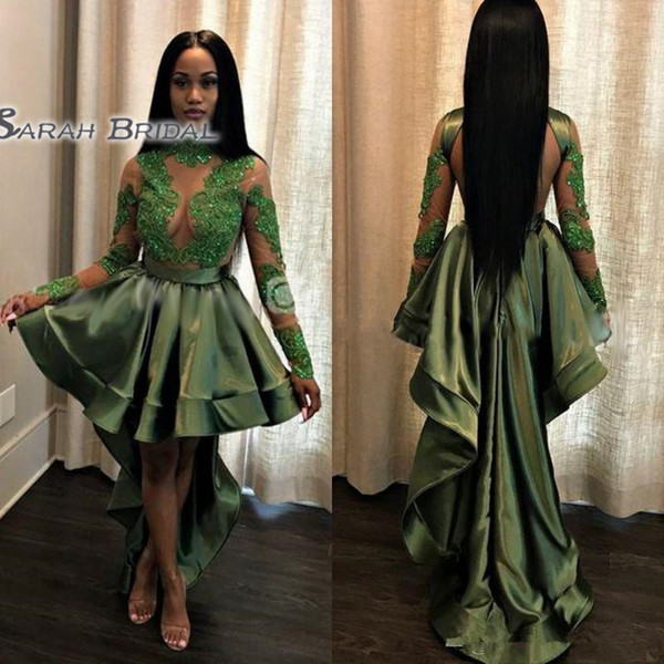 Emerald Green Black Girls High Low Prom Dresses Sexy See Through Appliques Sequins Sheer Long Sleeves Evening Gowns Cocktail Dress