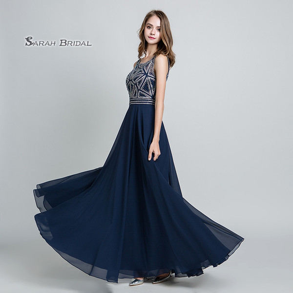 Luxury Navy Blue A-Line Chiffon Crystals Graduation Prom Dress Floor Length Beading Sleeveless Evening Party Gowns LX486