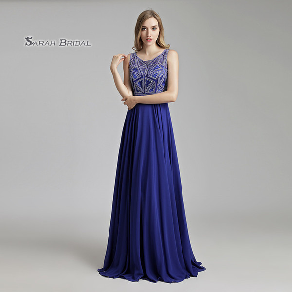 Luxury Royal Blue A-Line Chiffon Crystals Graduation Prom Dress Floor Length Beading Sleeveless Evening Party Gowns LX486