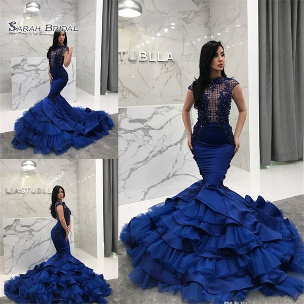 Sexy Mermaid Evening Dresses Beads High Neck Prom Gowns 3D Appliques Satin Formal Vestidos De Fiesta