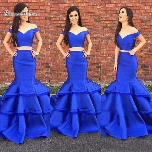 Mermaid Royal Blue Two Piece Prom Dresses Satin Off Shoulder Evening Formal Gown robes de bal