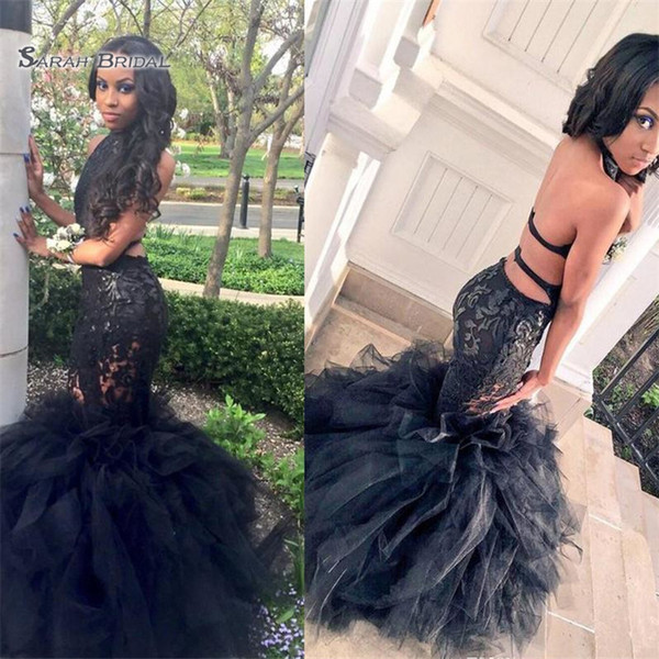 Real Pics Sexy Black Mermaid Prom Dresses Lace Applique Backless Formal Dress Halter Evening Gowns