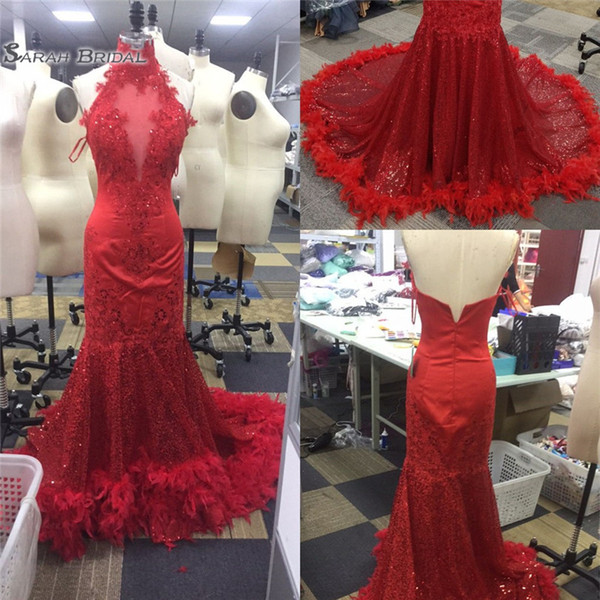 Sexy Red Feather Mermaid Prom Dresses Backless Halter Vintage Lace Plus Size Black Girls African Arabic Formal Evening Party