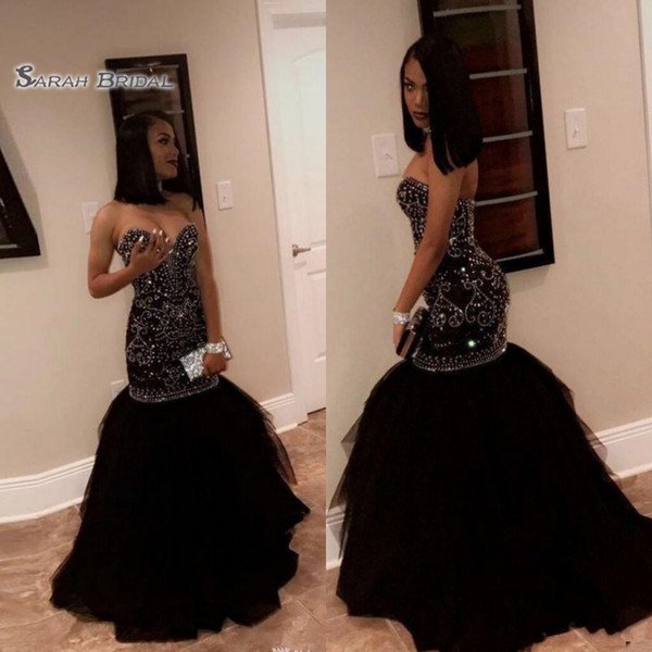 Sparkly Crystal Beading Mermaid Prom Dresses Sweetheart Tulle Black Gold Appliques Evening Party Gowns African Black Girl Dress