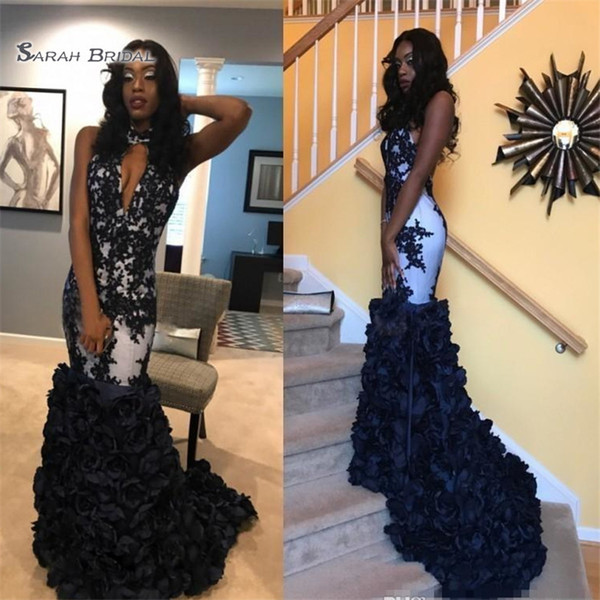 Black Mermaid Prom Dresses Halter With Backless and Appliques 3D Flowers African Evening Gowns Maxi Dress