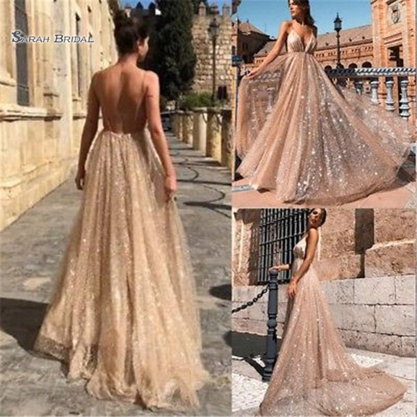 Sexy Long A-Line Deep V-Neck Evening Dresses Sequins with Backless Formal Party Gowns Beach Bridal Guest Dress