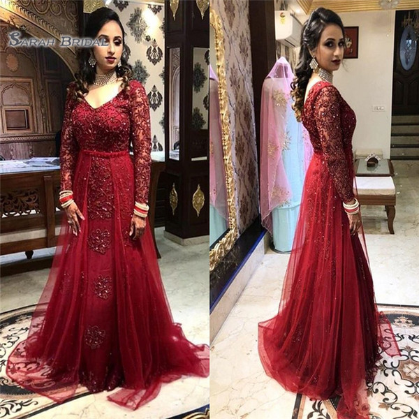 Red V-neck Mermaid Evening Dress Mermaid Appliques Long Sleeves With Floor Length Arabic Style Prom Dresses