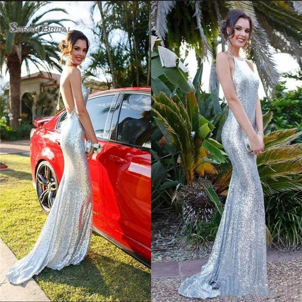 Silver Halter Mermaid Sequined Prom Dresses With Backless Sweep Evening Wear Hot Sales High-end Occasion Dress