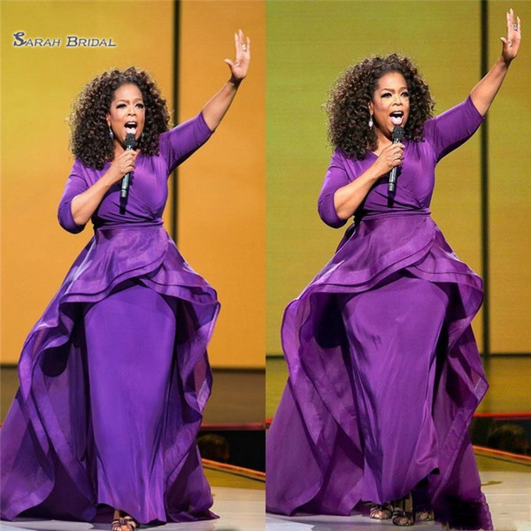 Generpus Purple Oprah Winfrey Celebrity Evening Gowns OverSkirt with Half Sleeve Plus Size Women Formal Wear