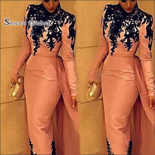 Noble High Neck lace applique Evening Dresses Muslim Style Formal Long Sleeves Detachable Overskirt tea Length Prom Gowns