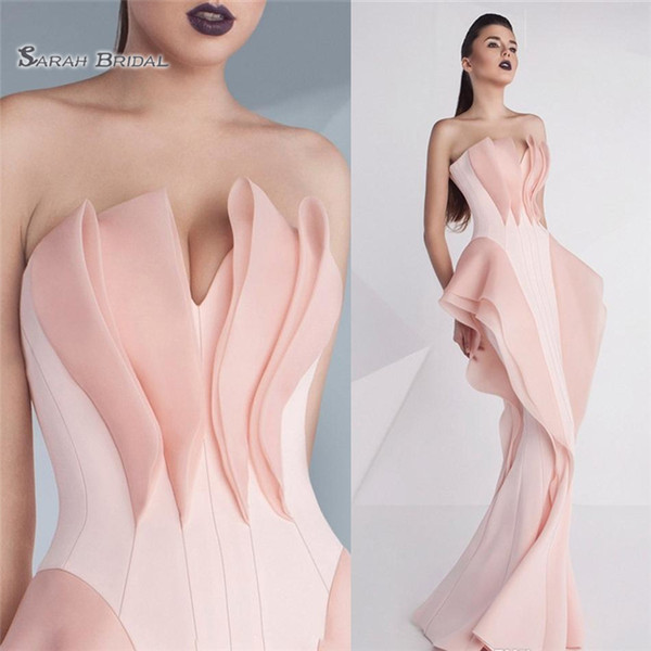 Unique Mermaid Evening Dresses Sleeveless Strapless Ruffles Prom Gowns Sweep Train Red Carpet Formal Party Dress