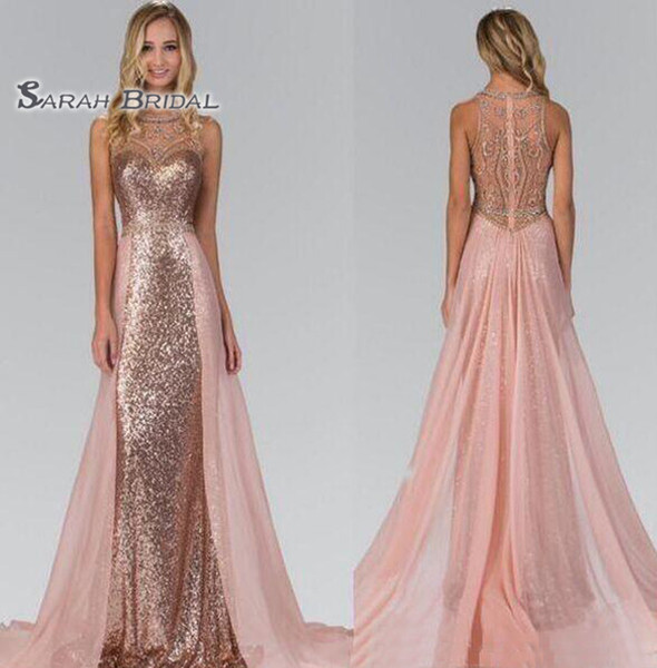 Rose Gold Sequined Bridesmaid Dresses With Overskirt Train Illusion Back Formal Maid Of Honor Wedding Guest Party Evening Gowns