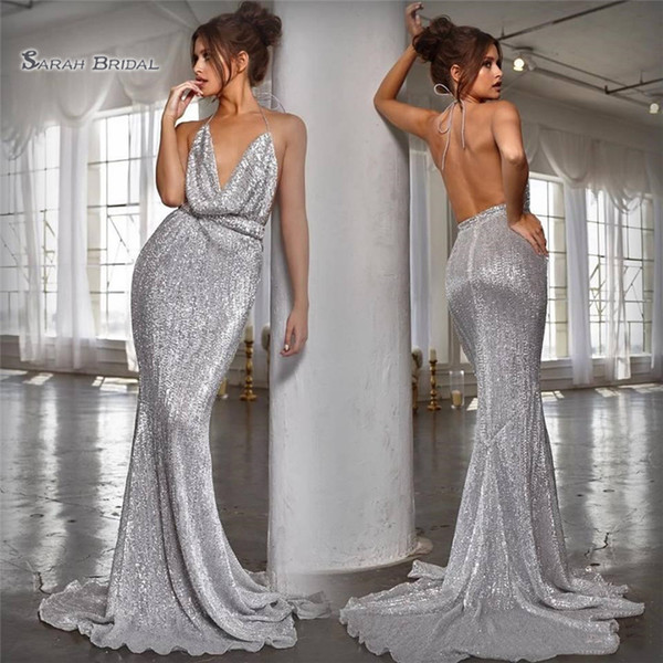 Sexy Halter Mermaid Sequined Dresses With Backless Sweep Evening Wear Hot Sales High-end Occasion Dress