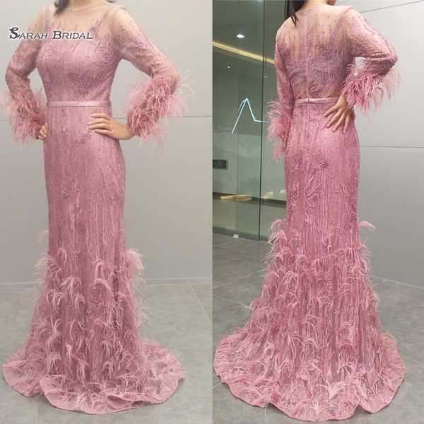 Real Picturea Noble Evening Formal Dresses Lace Mermaid Long Sleeves Feather Sweep Prom Maxi Gowns