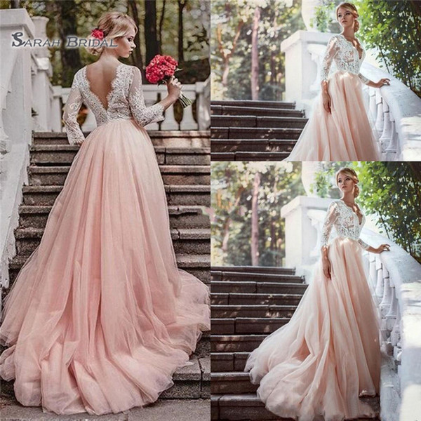 Blush Pink Lace A line Wedding Dresses V-Neck Long Sleeve Backless Appliques Tulle Sweep Train wedding gowns