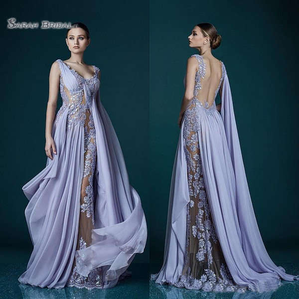 Deep V-neck A-line Evening Dresses Appliques Sheer Backless Celebrity Dress Evening Gowns Stunning Chiffon Long Prom Dress
