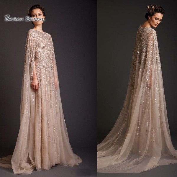 Champagne Sparkly Prom Dresses Tulle Jewel Rhinestones A-Line Krikor Jabotian Evening Gowns Vestidos De Novia