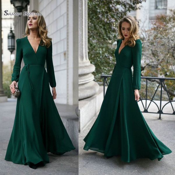 Long Sleeves Green Chiffon Sexy A-Line V-Neck Celebrity Evening Gown Prom Party Dresses Customized Formal Dress