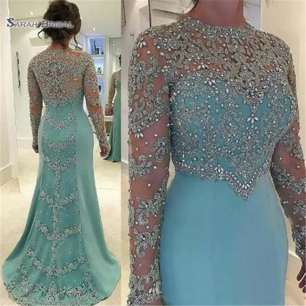 Mint Green Vintage Sheath Prom Dresses Long Sleeve Beads Long Sleeves Appliqued Evening Party Gown