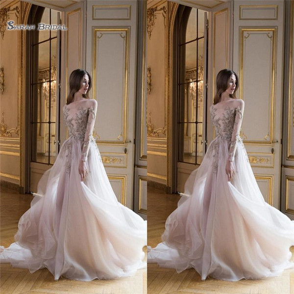 A-line Prom Dresses with Long Sleeves Sheer Bateau Neck Lace Appliques Evening Gown Sweep Train Formal Dress