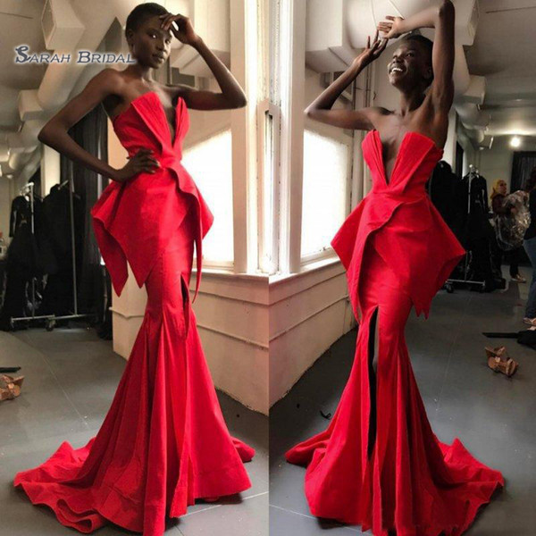 Red Satin Mermaid Evening Gowns South African Strapless Peplum Prom Dresses Split Cheap Sweep Train Formal Party