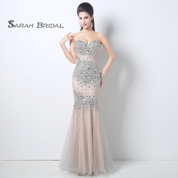 Luxury Sexy Mermaid Strapless Tulle Full Crystals Party Prom Dresses Backless Sleeveless Evening Gown HY001