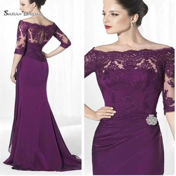 Formal Purple Lace Sheath Long Chiffon Prom Dresses with Half Sleeves Off Shoulder Custom Made Party Prom Gowns