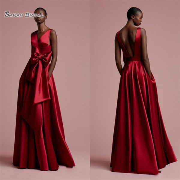 Red Long Bow Deep V-neck African Evening Dresses Pockets With Backless Evening Gowns Formal Dress Gonna