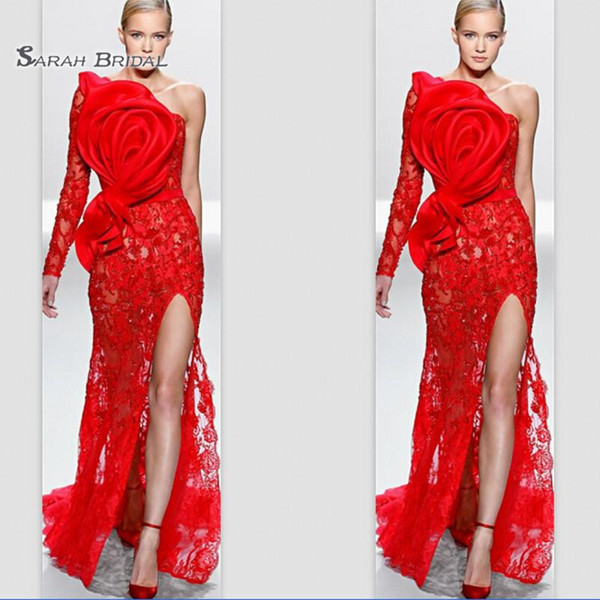 Sheath One Shoulder Single Long Sleeve Red Lace Flower Applique Front Split Evening Gowns Prom Celebrity Party Dresses