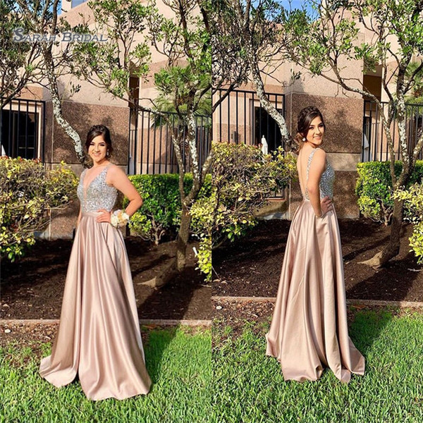 Sexy V-neck With Beads Satin Prom Dress Sleeveless High-end Customed Vestidos De Novia Party Gown