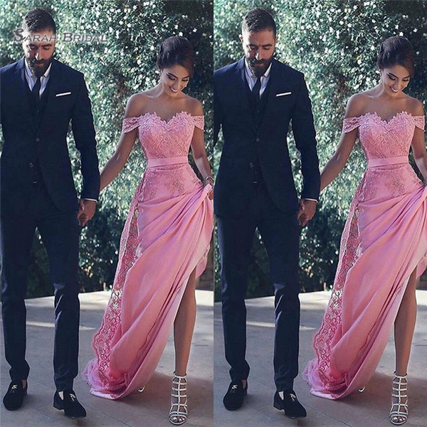 Pink Off Shoulder With Appliques Prom Dress Sleeveless High-end Lace and Satin Vestidos De Novia Party Gown