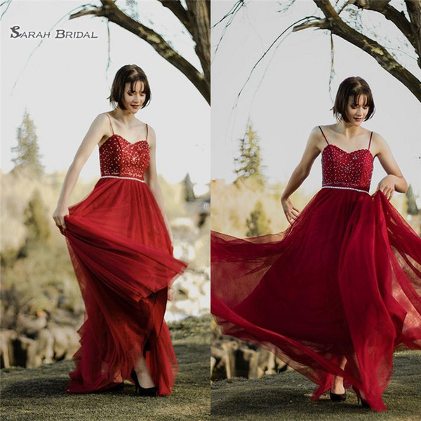 Red Sexy Aline Beads Evening Dress Sleeveless Tulle High-end Custom Made Vestidos De Novia Party Gown