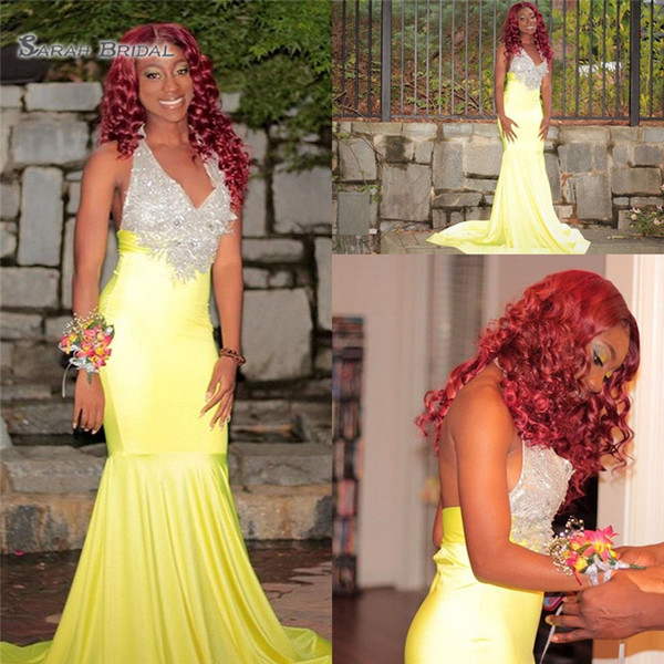 Light Yellow Halter Mermaid With Sweep Evening Dress Sleeveless High-end Custom Made Vestidos De Novia Party Gown