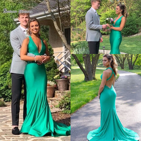 Green V-neck Mermaid Backless With Sweep Homecoming Dress Sleeveless Custom Made Vestidos De Novia Party Gown