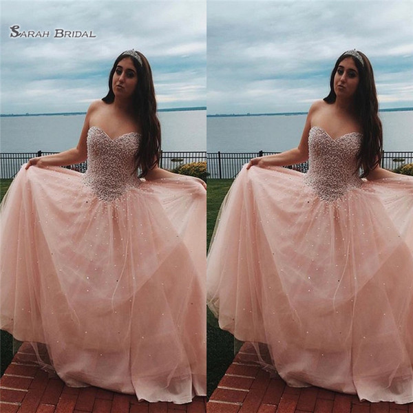 Romantic Pink Sweetheart Aline Beads Evening Dress Sleeveless Tulle High-end Custom Made Vestidos De Novia Party Gown